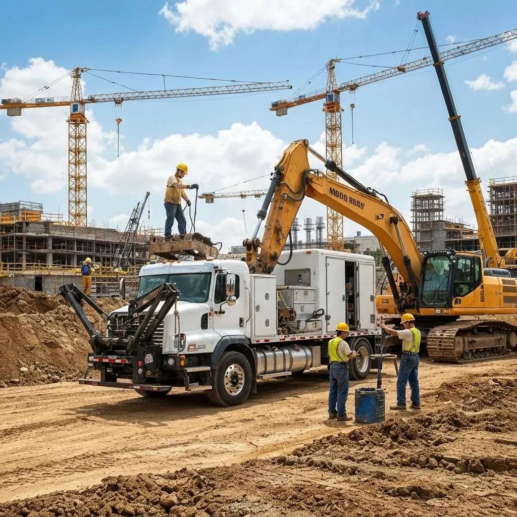 Construction workers operate heavy machinery and cranes on a busy building site under a bright blue sky.