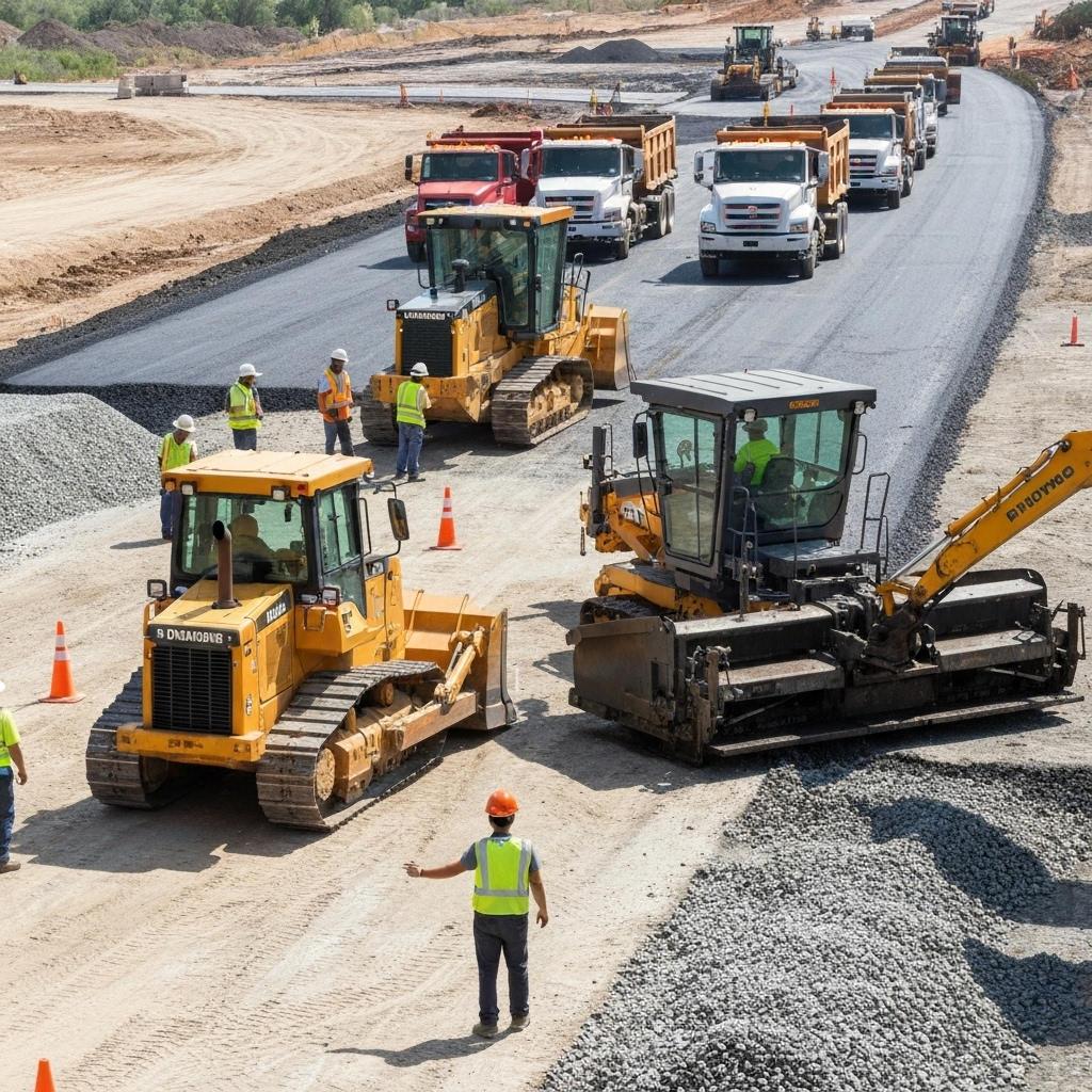 Heavy machinery and dump trucks on a construction site in Greater Kansas City with workers overseeing road paving