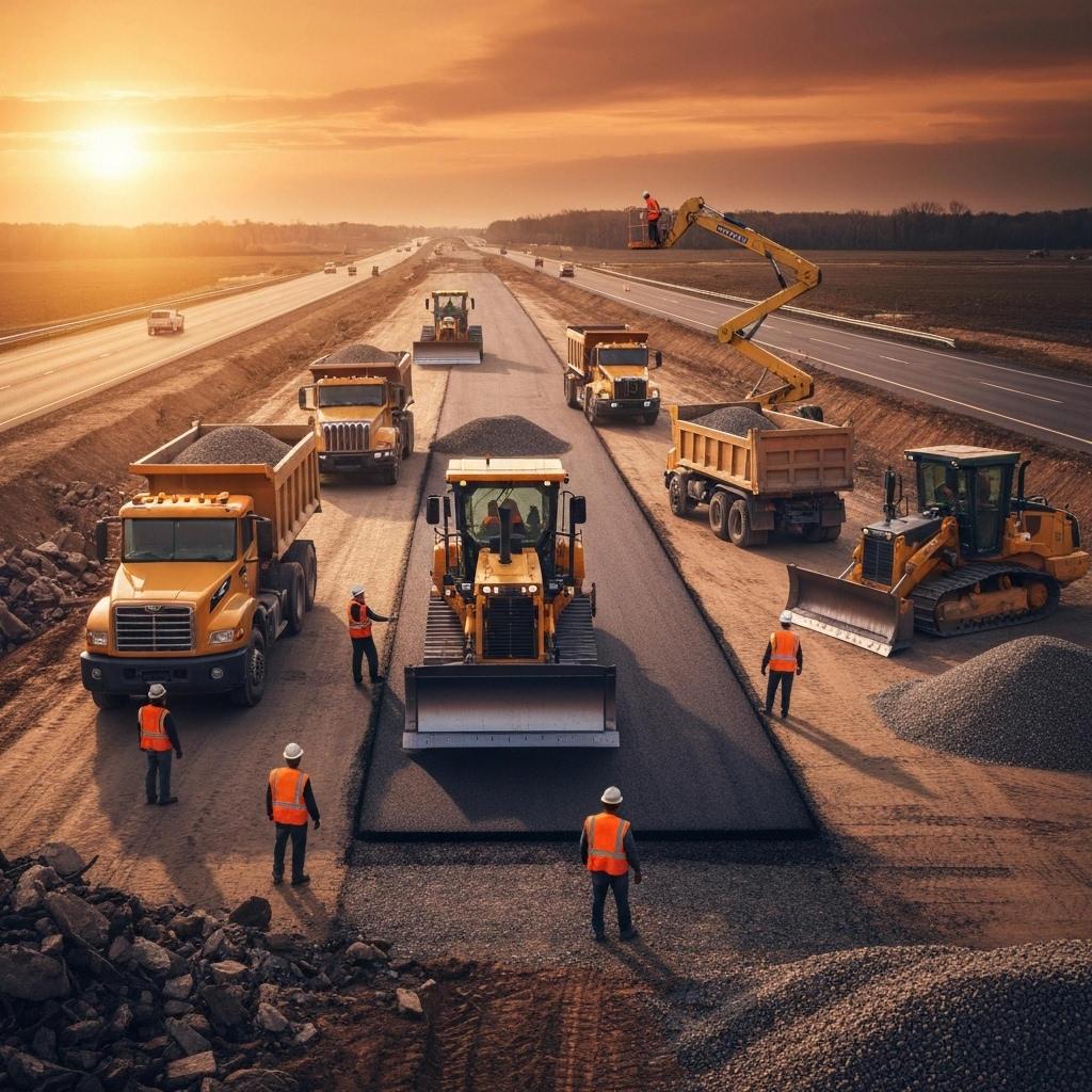 Heavy machinery and workers pave a highway under a dramatic sunset